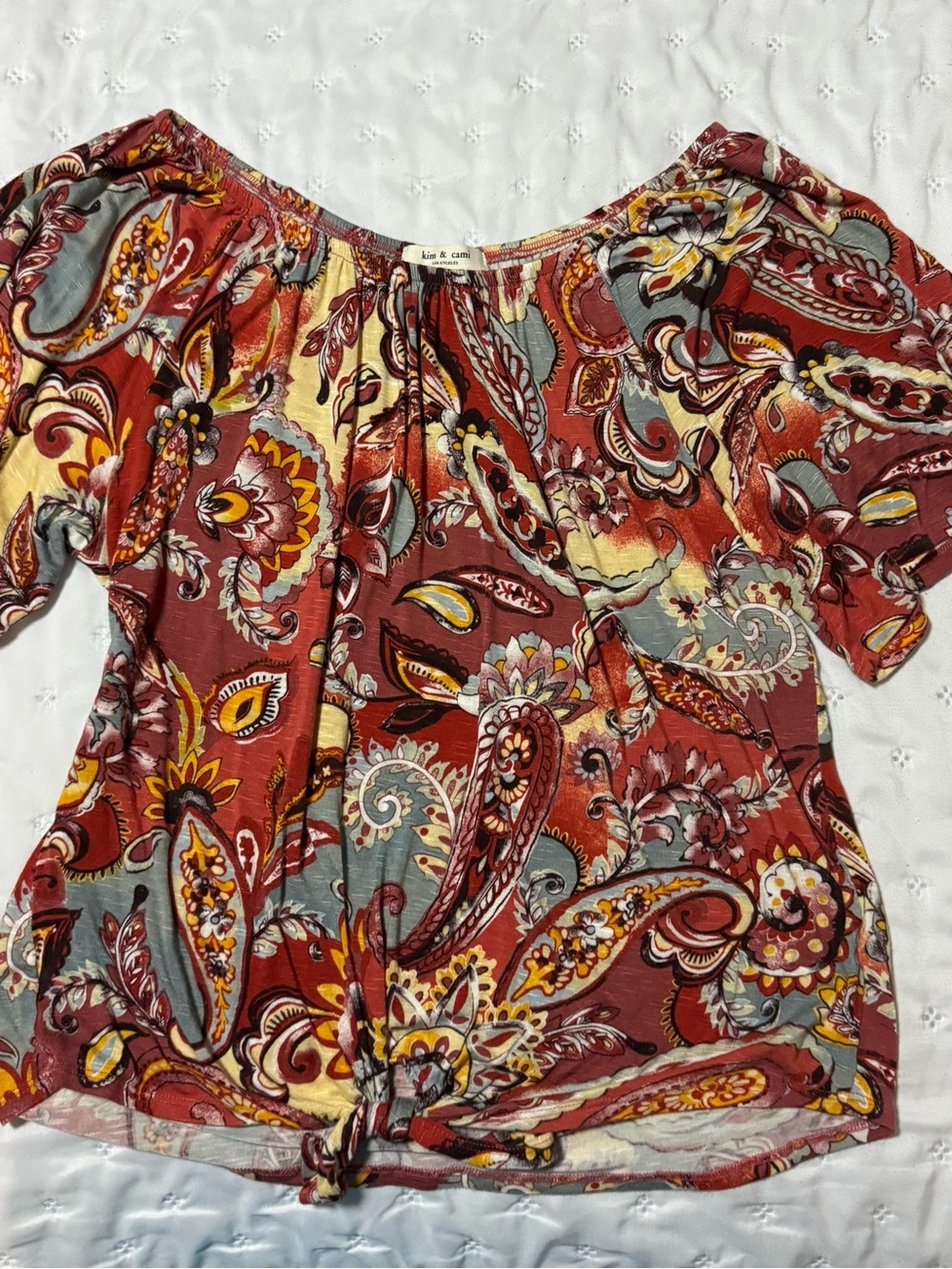 Kim & Cami Rust Paisley Off-Shoulder Tie-Front Top with Multicolor Print